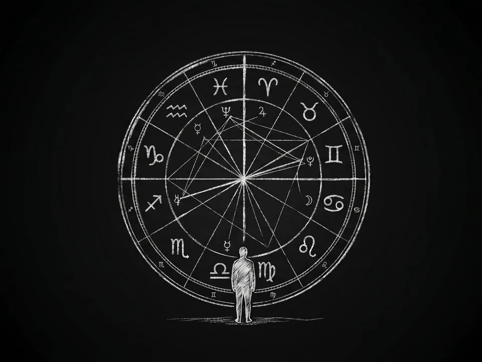 A lone figure facing a chalk-drawn zodiac wheel in the dark
