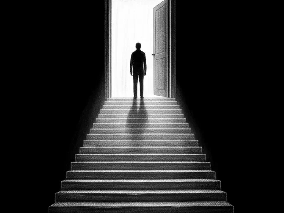 A staircase rising toward an open doorway full of light
